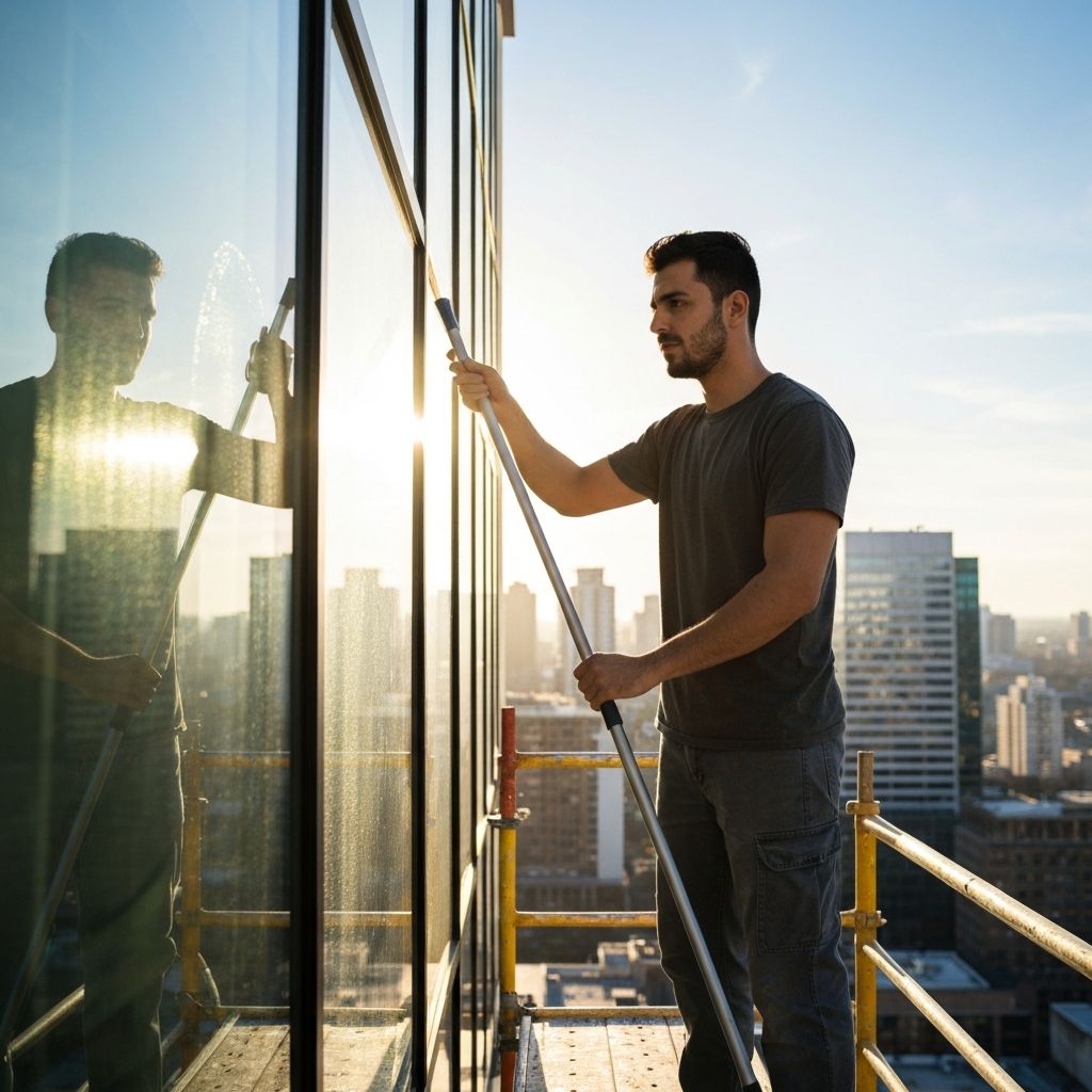 Professional window cleaner cleaning large modern 